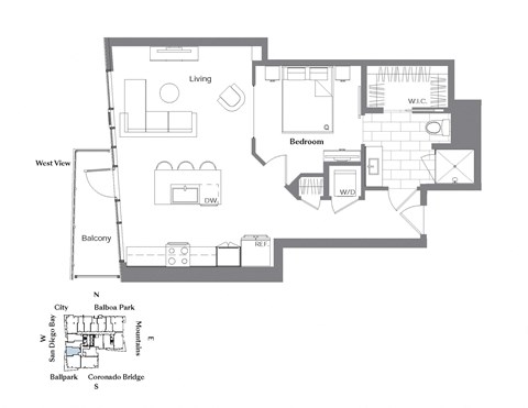 Floor plan for 1 bed, 1 bath, 780 sqft